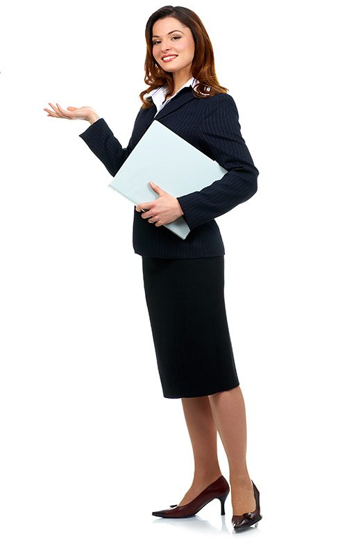 Smiling business woman. Isolated over white background.	