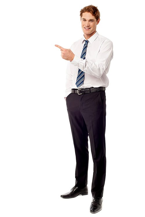 Young business executive pointing away Smart sales executive pointing towards something