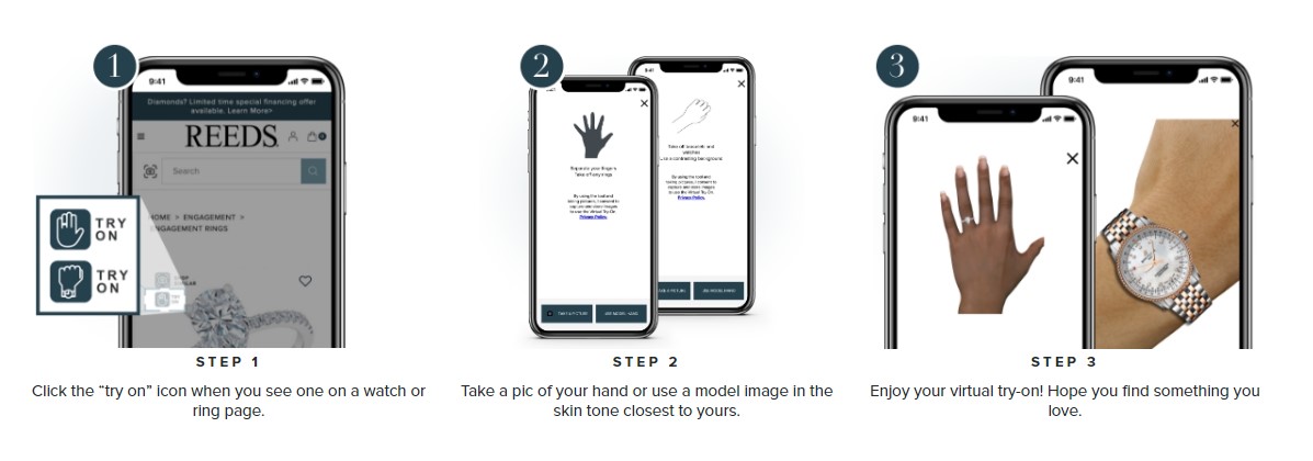 3 images from the Reeds website explaning how to use the virtual try-on for rings and watches