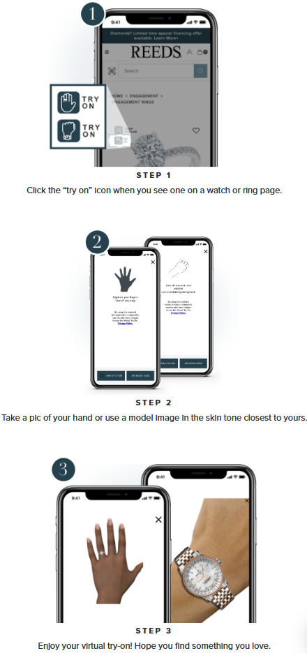 3 images from the Reeds website explaning how to use the virtual try-on for rings and watches